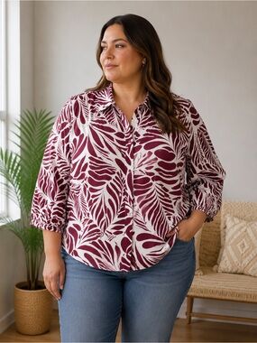 Unique Spectrum Burgundy and Cream Leaf-Print Button-Front Shirt
